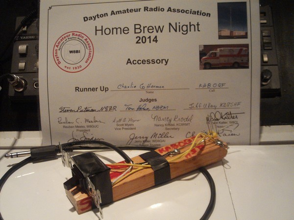 KA8OQF's homebrew HSP key, DARA certificate in background, click to enlarge picture.