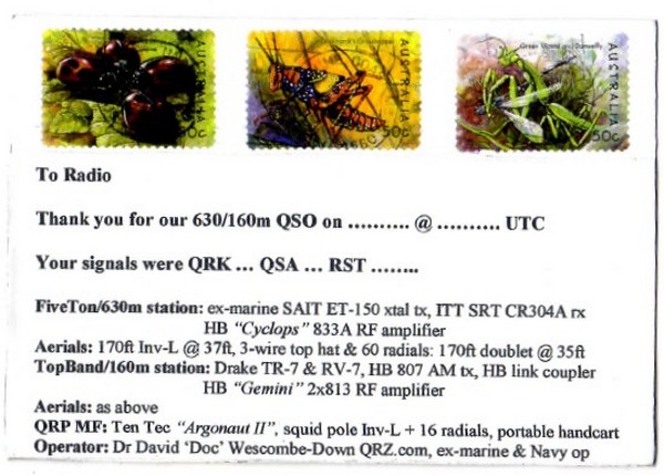 VK5BUG's 160/630m QSL card, verso, click to enlarge picture.